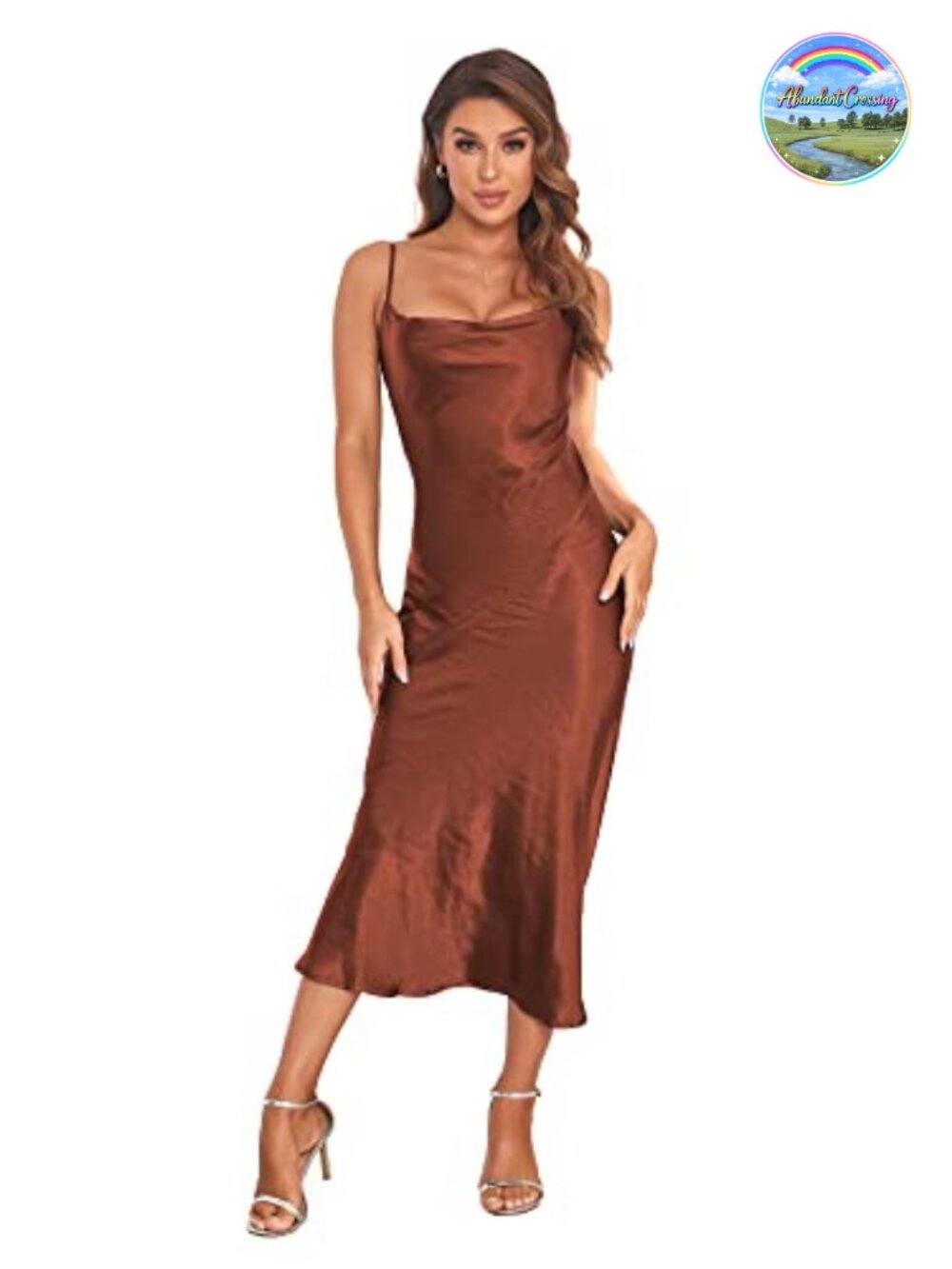 Satin Silk Spaghetti Strap Cowl Neck Midi Slip Dress Backless Party
